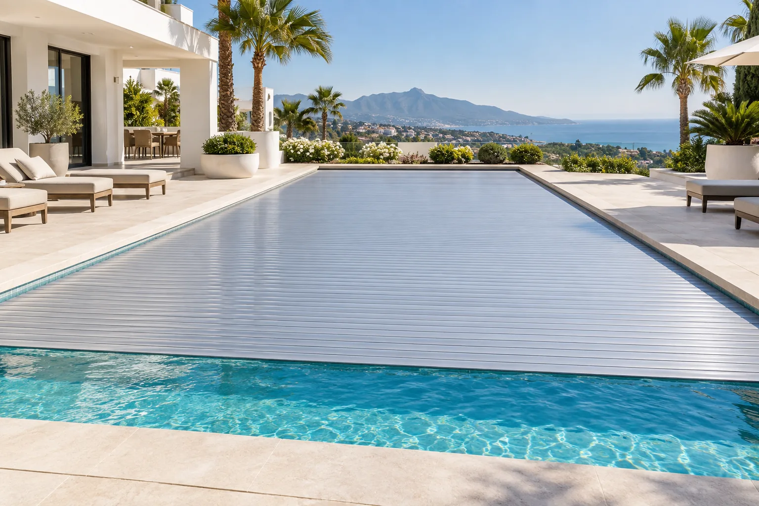 Geschlossene Poolabdeckung an einer Villa an der Costa del Sol