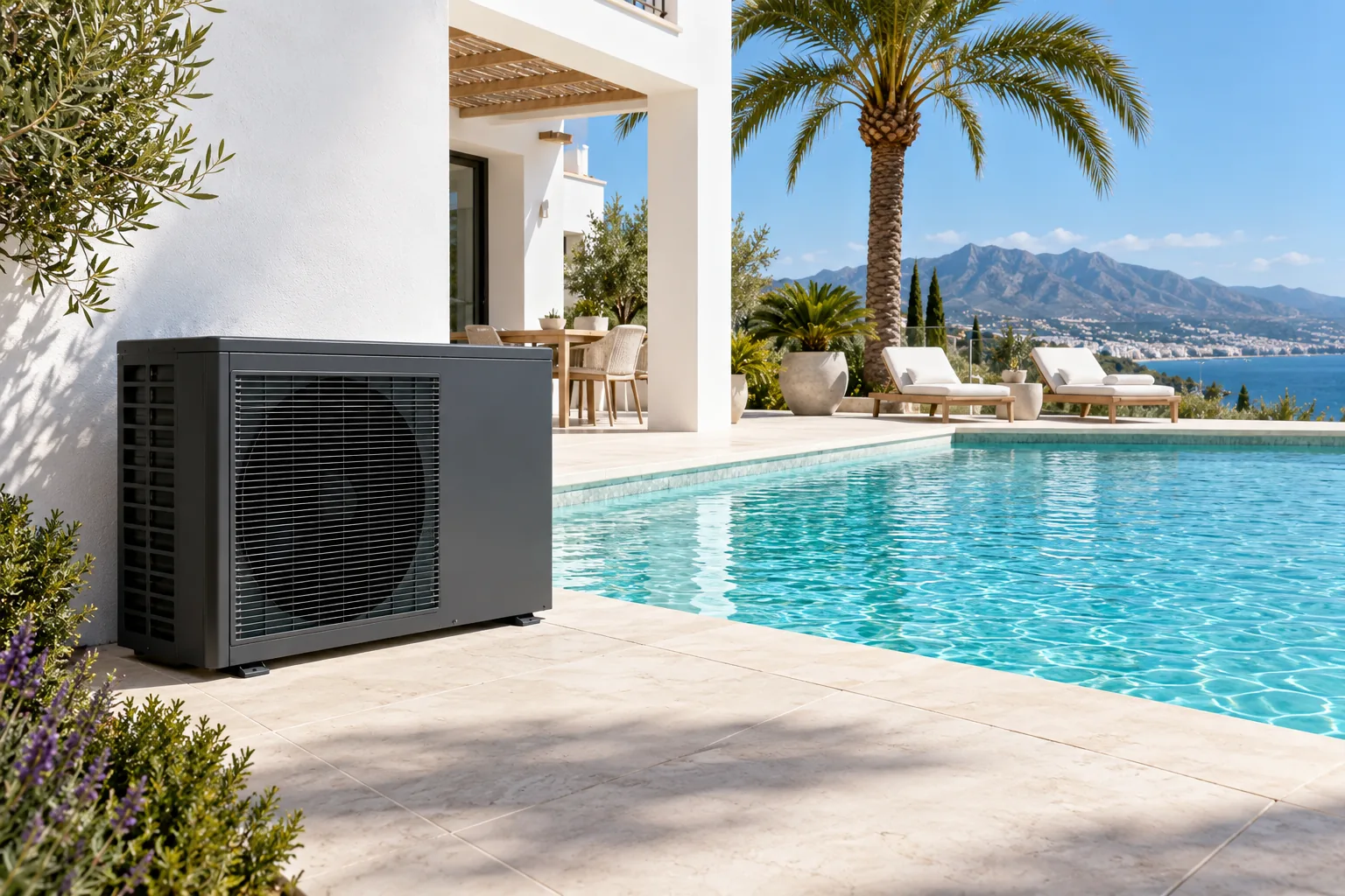 Poolwärmepumpe neben einem Pool an der Costa del Sol